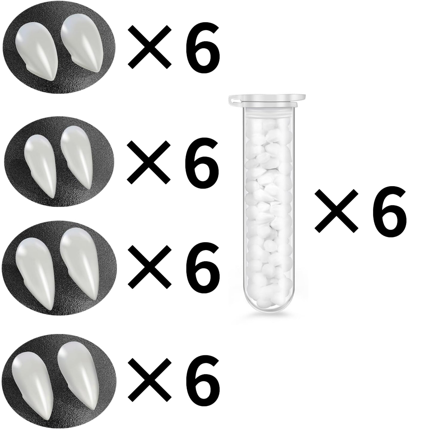 24 Pairs Vampire Teeth for Cosplay-4 Size Fake Fangs with 6 Tube Solid Adhesive for Halloween Props, Anime Party Dress Up Costume Masquerade Accessory Gift for Christmas Party