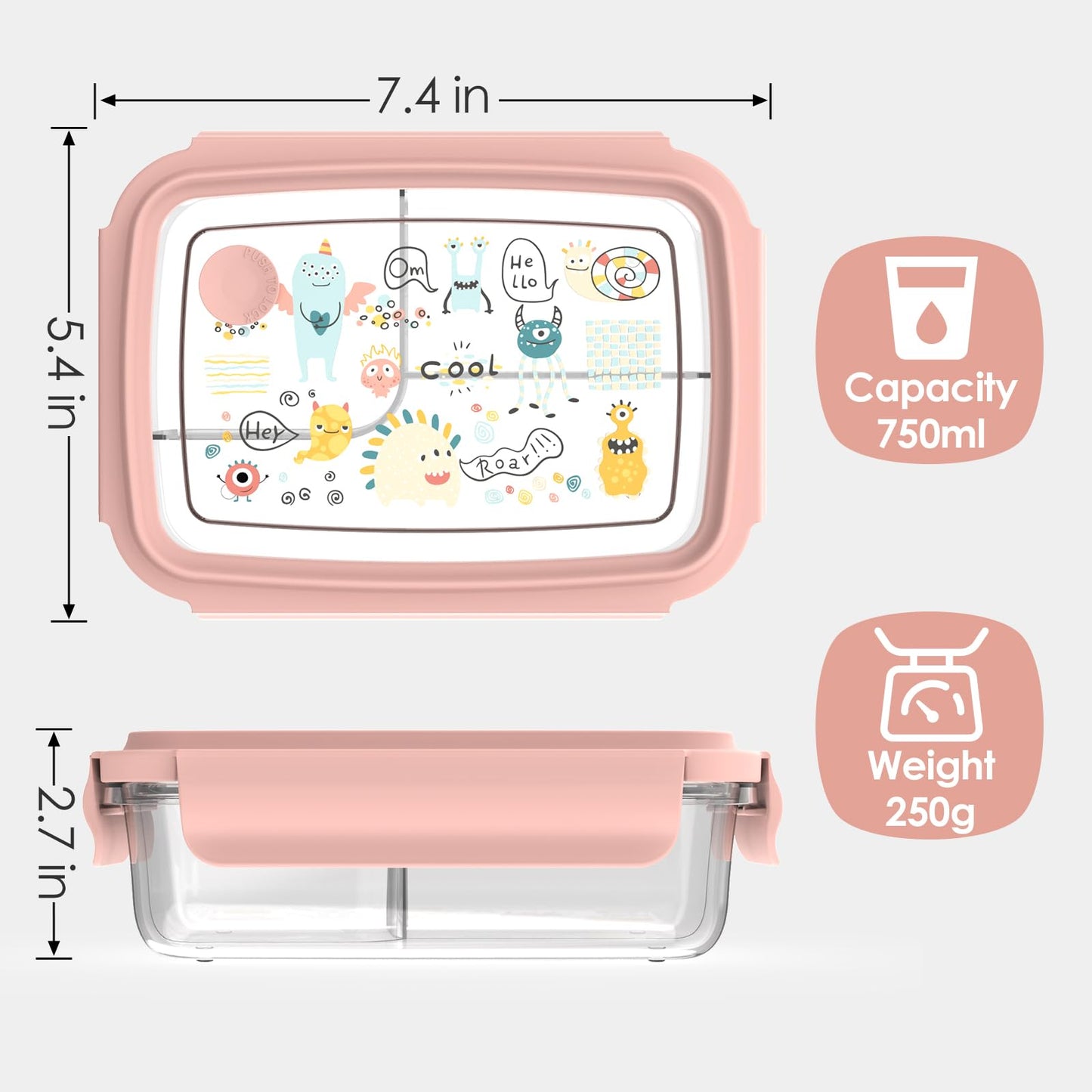 WHALEHOUSE Clear Eco-friendly ECOZEN PCTG Bento Lunch Box for Kids, 3 Compartment Durable Plastic Meal Prep Container, Airtight Food Storage Containers with Snap Locking Lids (Pink, 750ML)