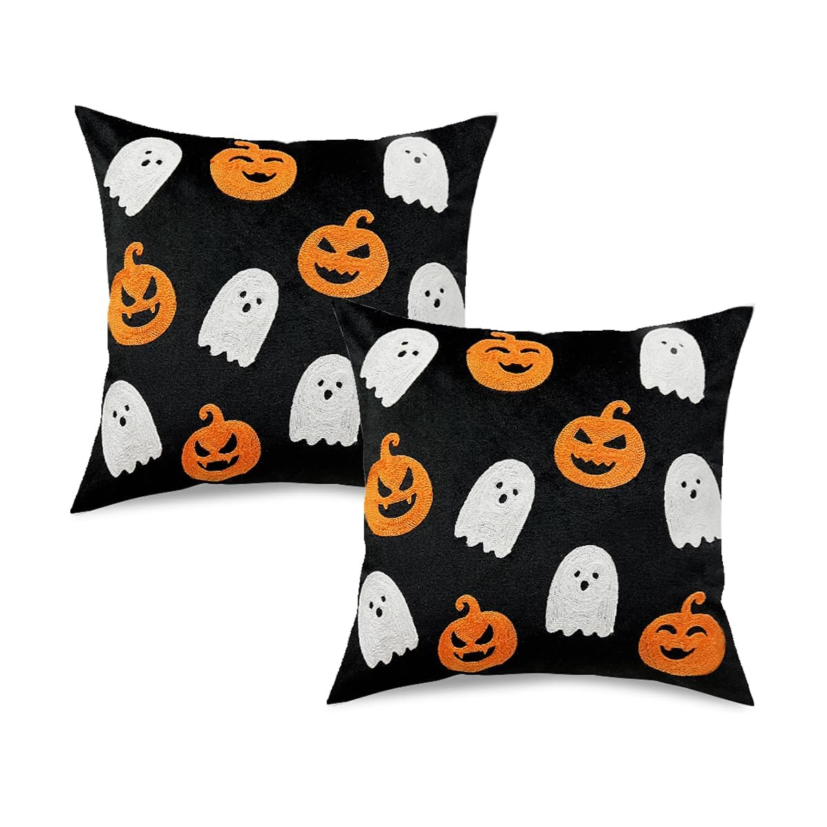 WOKANI Halloween Throw Pillow Covers 18x18 Set of 2 Ghost Pumpkin Decorative Embroidery Velvet Cushion Cases Decor Home Decorations for Couch Patio Furniture Bedroom Livingroom Sofa Porch, Black