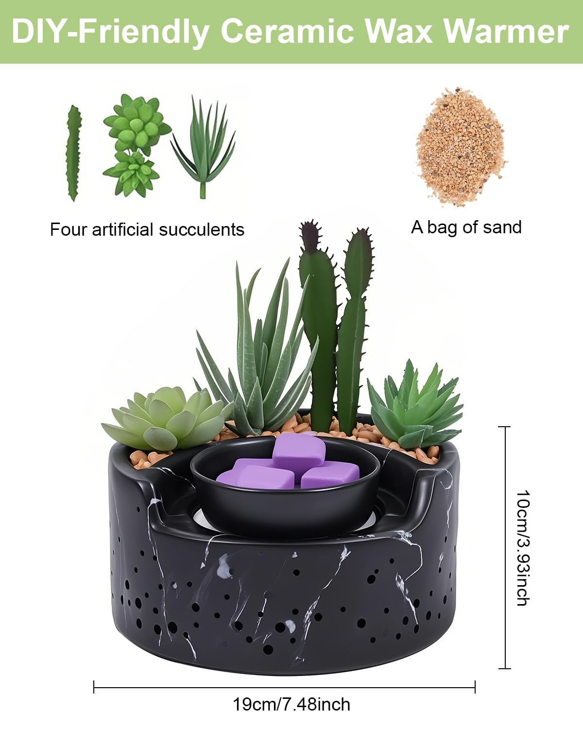 waxarapy Ceramic Wax Melt Warmer 4-in-1, Flameless PTC Heating with 7-Colors LED Changing Light, Electric Essential Oil Diffuser, Yoga Room/Home Decor Wax Melter Black Succulent Design