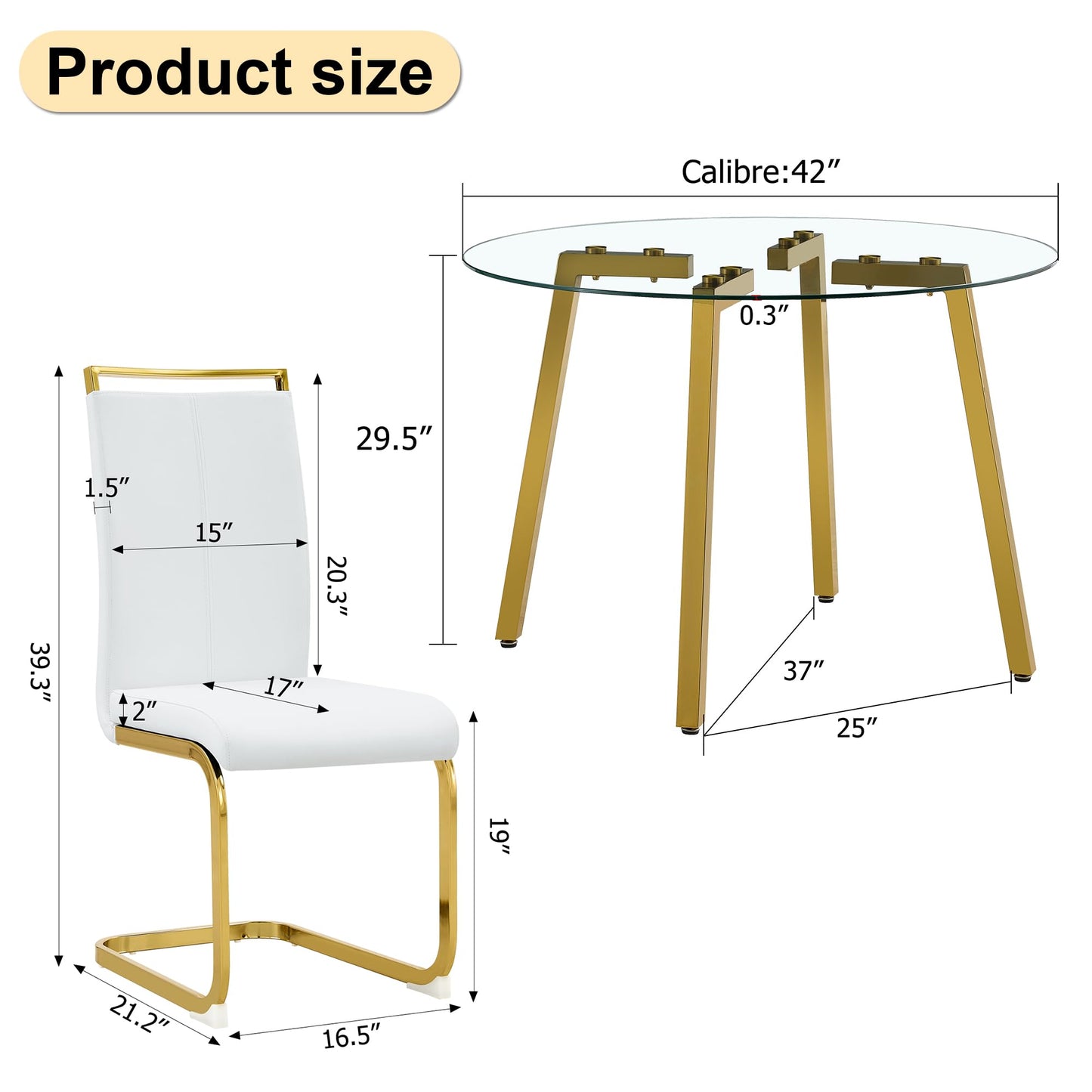 42”Round Dining Table Set for 4,Tempered Glass Table Top with 4 Luxury Golden Metal Legs,Small Kitchen Room Table with 4 Grey Armless Chairs,Space-Saving Breakfast Nook Table Set for 4,Dinette