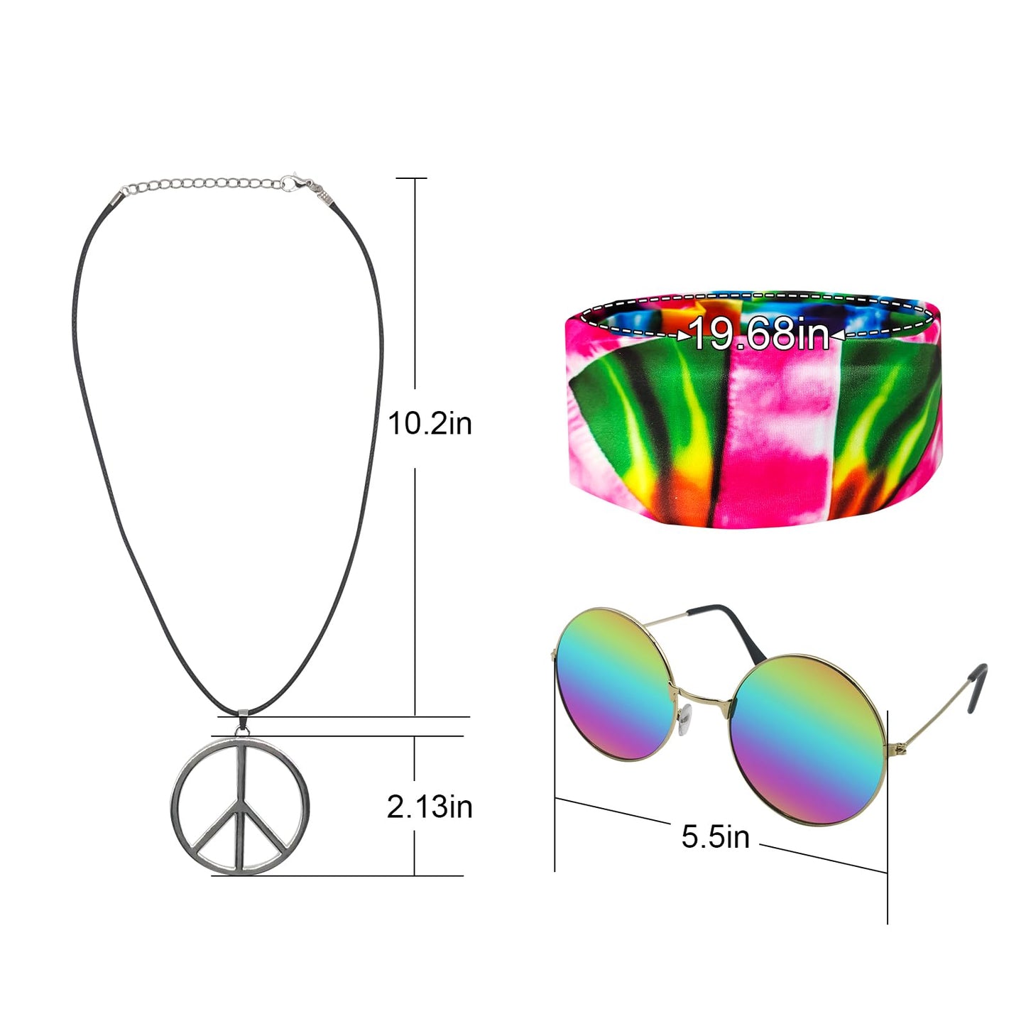 XonyiCos Hippie Costume for Men Women 60s and 70s colorful T-shirt sunglasses headband Peace necklace 4-piece theme party (Peace colorful 4-piece Set, X-Large)