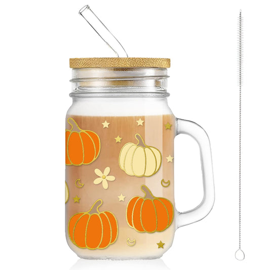 Whaline Fall Mason Jar Mug with Handle 18 oz Pumpkin Flower Star Mason Jar Drinking Glasses Orange Beige Pumpkin Ice Coffee Cups with Lid and Straw for Iced Coffee Tea Soda Cocktail Gifts