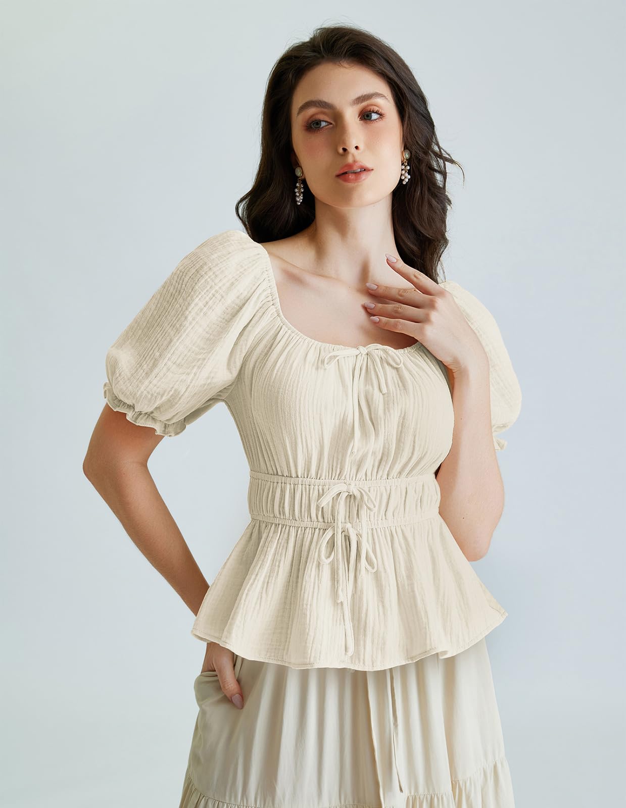 Women Peasant Blouse Renaissance Pirate Short Sleeve Shirt Tops Apricot M