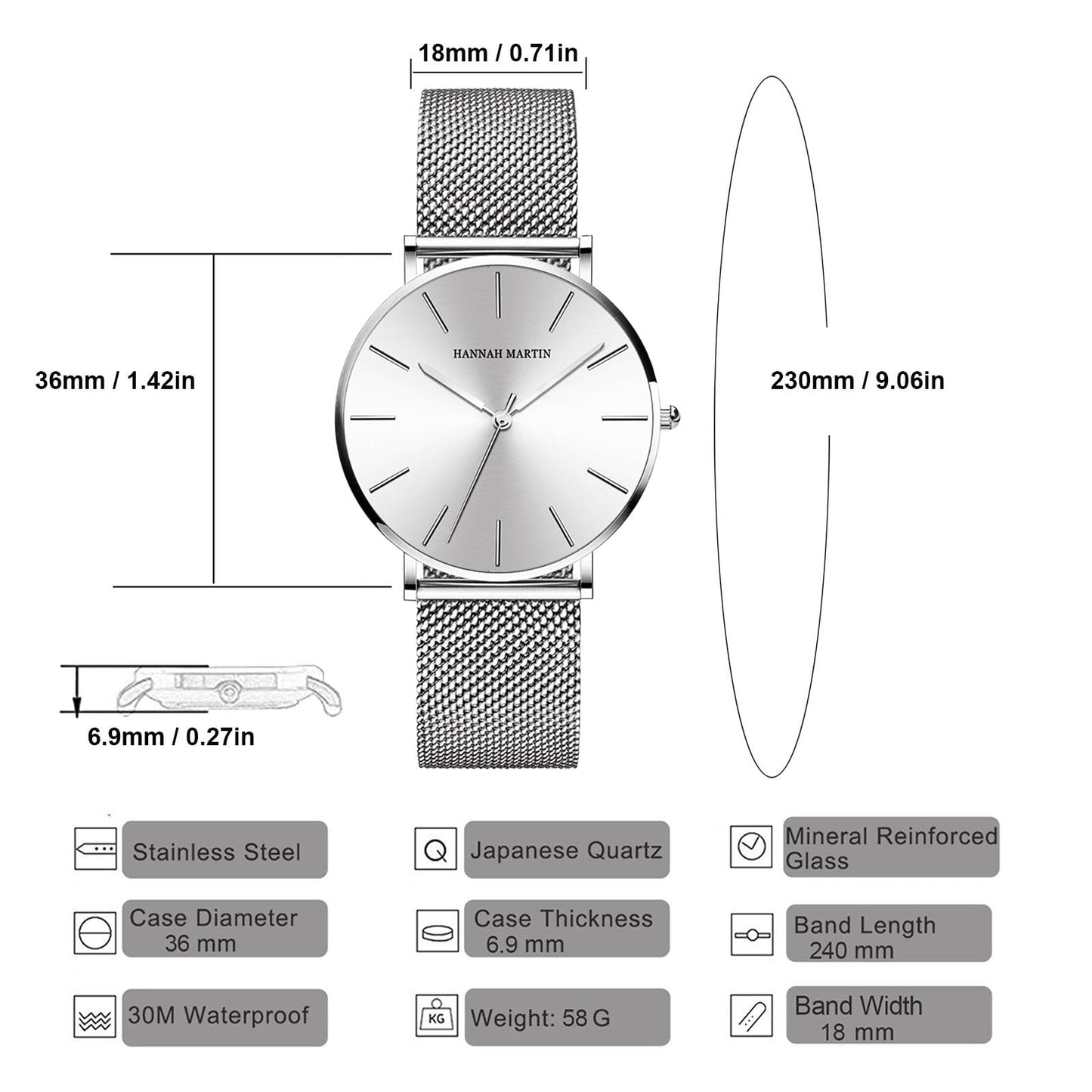 Women Watches Minimalist Fashion Quartz Wrist Watch Party Dress Bracelet Watch for Ladies with Stainless Steel Mesh Band (Silver)