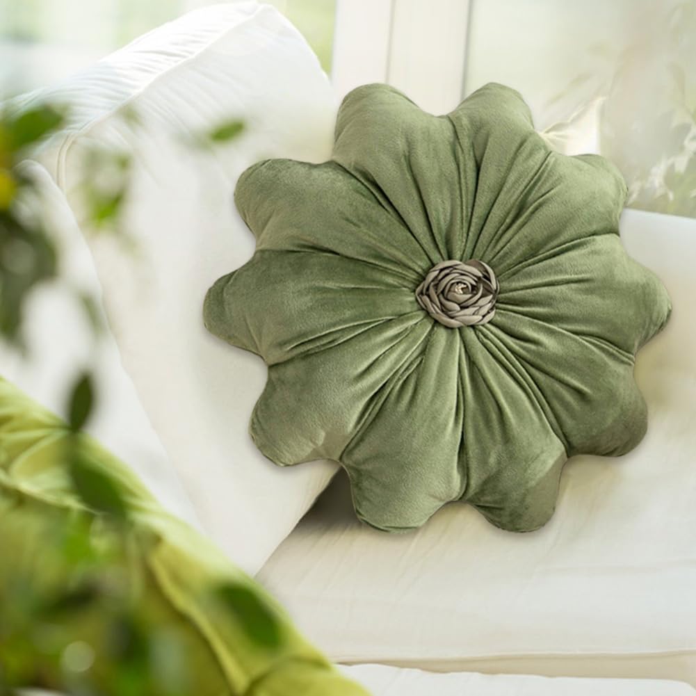 2Pcs Flower Pillow Cushion Round Aesthetics Decorative Throw Pillow 15.7" Velvet Flower Shaped Pillow for Bed Sofa Couch Vanity Chair (Green)