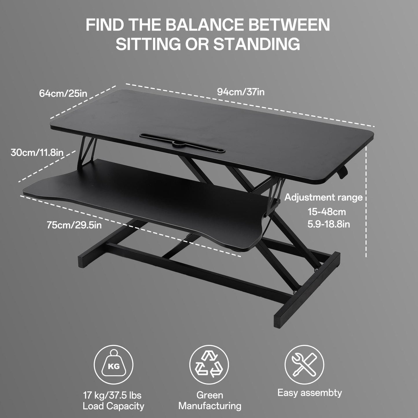 37 Inch Standing Desk Converter - Manual Pneumatic Spring, Two Monitor Stable Standing Desk Converter, 5.9” to 18.8” Height Adjustable Laptop Workstation with Keyboard Tray for Home, Company(Black)
