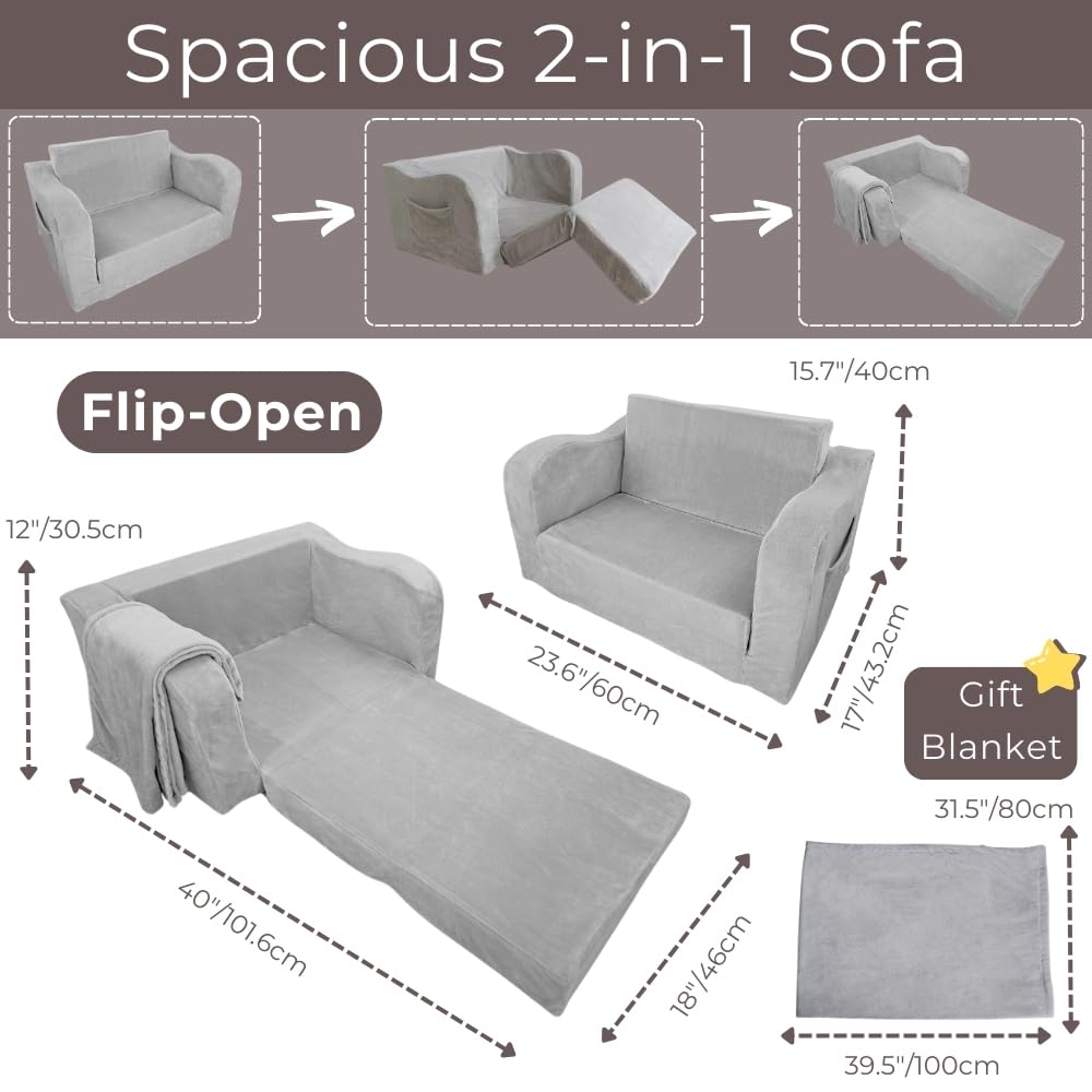 Wonder Space Kids Foam Couch with Blanket, Pre-Assembled Toddlers 2-in-1 Convertible Sofa, Indoor Foadable Lounger Chair & Flip Open Floor Bed for Boys & Girls (Grey)