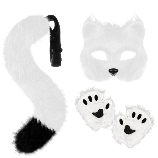 XEPST Furry Fox Wolf Cosplay Set with Mask Tail Paw Gloves, Animal Cosplay Costume Kit for Anime Fancy Dress Accessories Halloween Christmas Dress Up Carnival Role Play Party Supplies, White