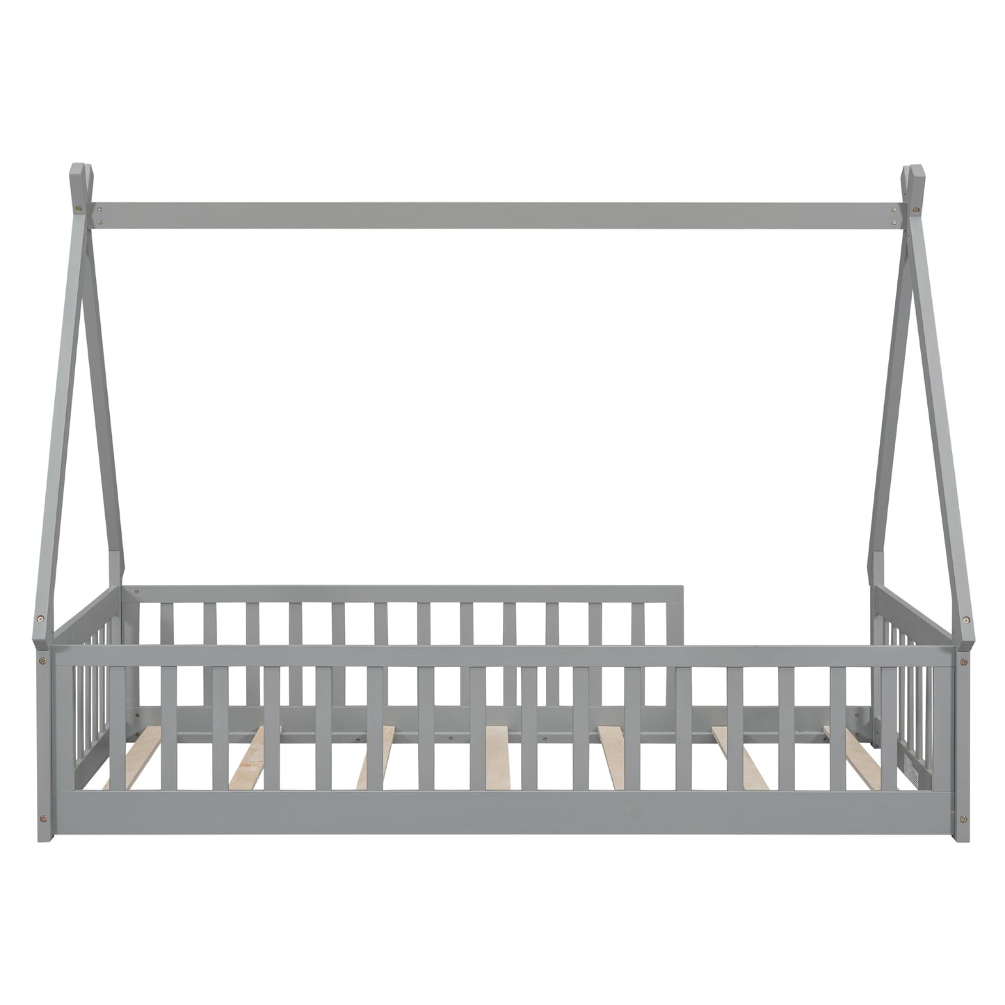Wekuku Twin Tent Shaped Floor Bed for Kids – Teepee with Guardrails Slats, Grey – Low Profile Bed Frame for Bedroom, Playroom, Nursery
