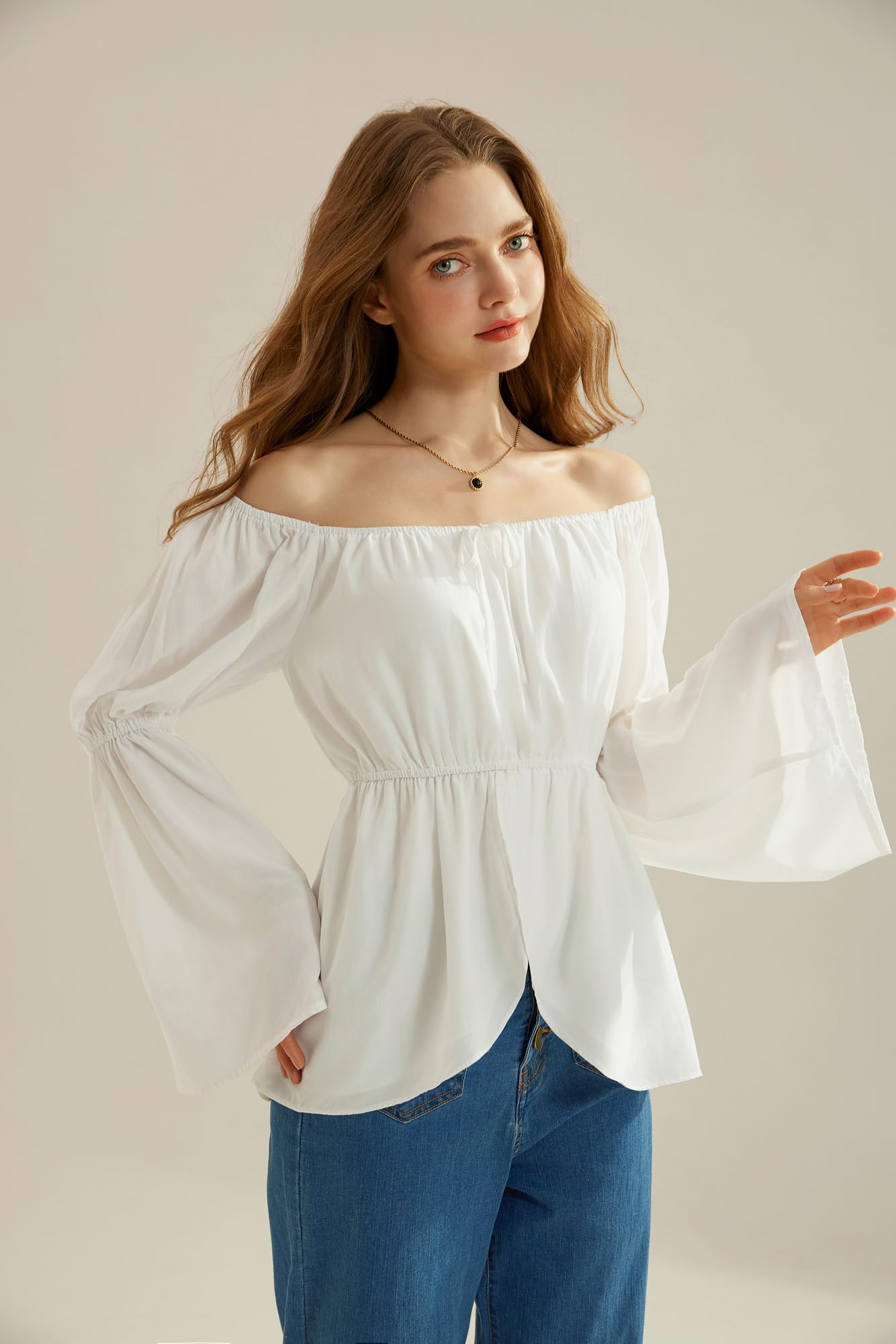 Womens 2025 Renaissance Shirt Casual Long Bell Sleeve Tops Shirt Pirate Boho Blouse White M