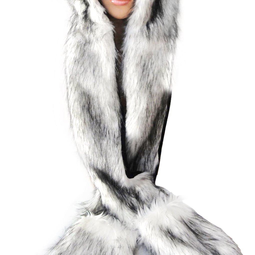 Winter Animal Hat Faux Fur Hooded Scarf Cute Furry Ears Paw Gloves Pocket Hoodie Beanie Cap Party Costume for Women Girls (White)