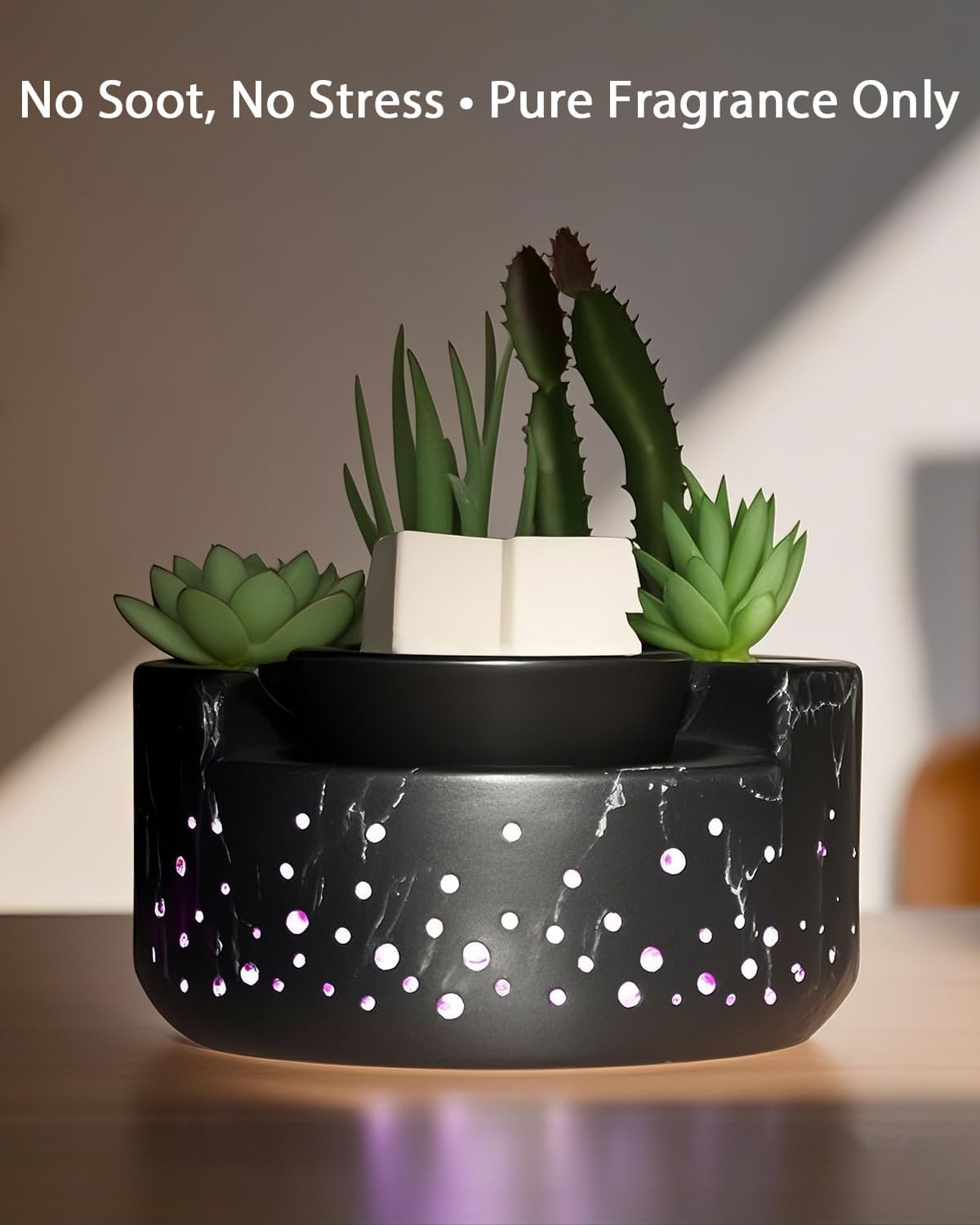 waxarapy Ceramic Wax Melt Warmer 4-in-1, Flameless PTC Heating with 7-Colors LED Changing Light, Electric Essential Oil Diffuser, Yoga Room/Home Decor Wax Melter Black Succulent Design