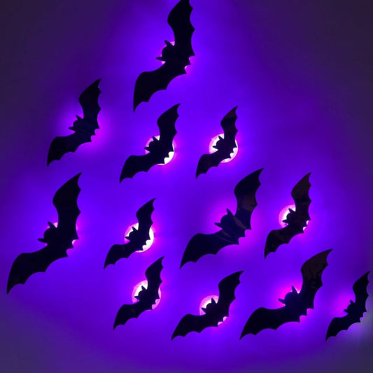3D Bat Design LED Decoration - 2025 Halloween Lighted Stickers Decor Light - Hanging Wall Luminous Glow Clings for Home Bar Halloween Party (Bats-12PCS)