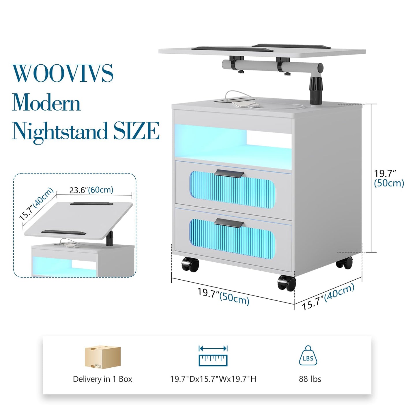 WOOVIVS LED Night Stand with Charging Station, Smart Nightstand wiht Human Body Lights, Modern Bedside Table has Adjustable Rotary Workstation/2 Drawers/Wheel for Bedroom/Livingroom (White)