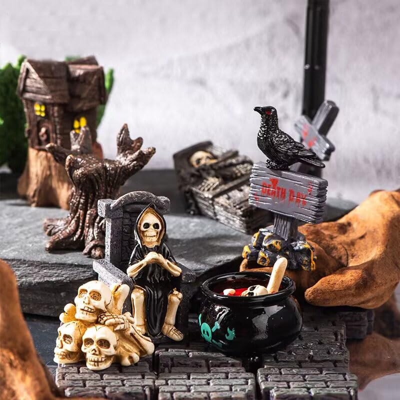 19pcs Halloween Mini Figurines - Creative Miniature Skull Heads, Crow, Tombstone Scene Ornaments Set - Horror Village Collections - Resin Crafts for Party Favors, Tabletop Decor
