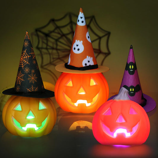 3 Pack Jack O Lantern, Lighted Pumpkin with Hat Halloween Decorations, Waterproof Indoor Outdoor Table Ornaments for Home Party Decor (Hat Pumpkin)