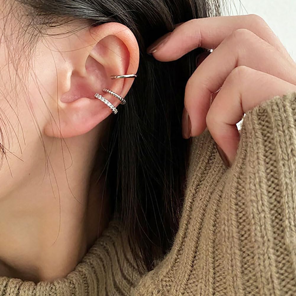 3PCS Ear Cuff Silver Cuffs Earrings for Women Teen Trendy Non Piercing Hypoallergenic Cubic Zirconia Earrings Set Jewelry Gifts - Silver