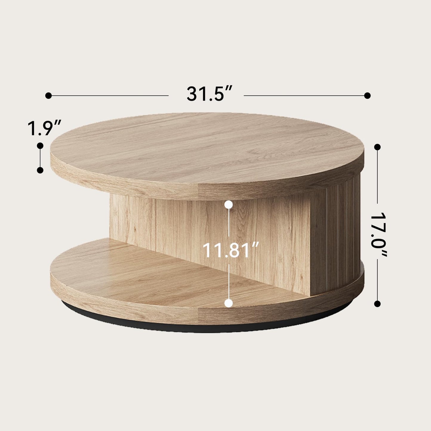 31-Inch Round Wood Center Tea Tables with Shelf for Living Room, 2-Tier Fluted Coffee Table with Circle Wooden Tabletop and Open Shelves for Home Apartment Small Spaces, Natural Oak