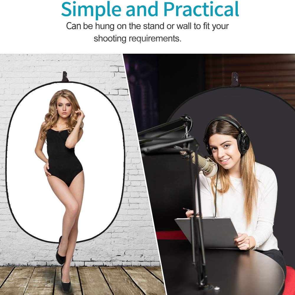 5X3.3 ft (1.5mX1m) 2 in 1 Polyester Muslin Black White Collapsible Reflector Backgrounds Portable Collapsible Reversible Photography Backdrop with Carrying Bag