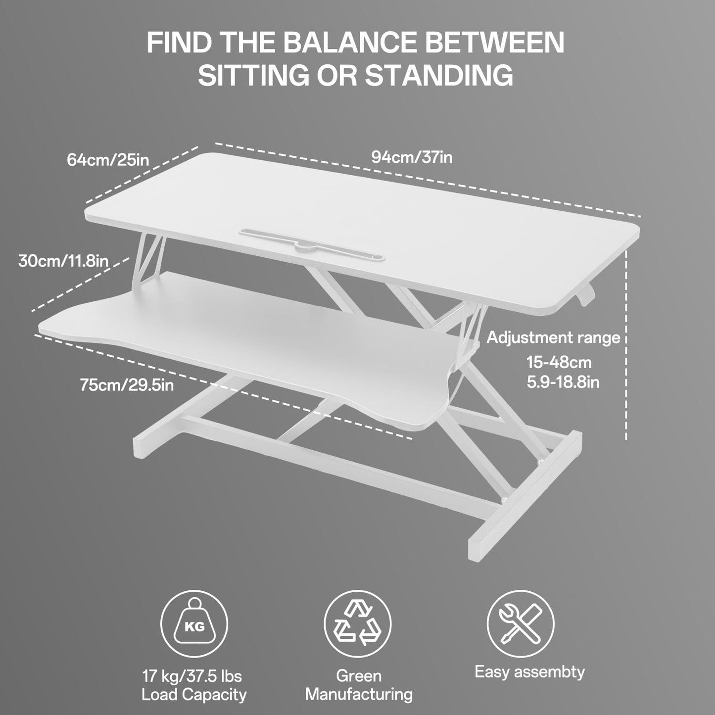 37 Inch Standing Desk Converter - Manual Pneumatic Spring, Two Monitor Stable Standing Desk Converter, 5.9” to 18.8” Height Adjustable Laptop Workstation with Keyboard Tray for Home, Company(White)