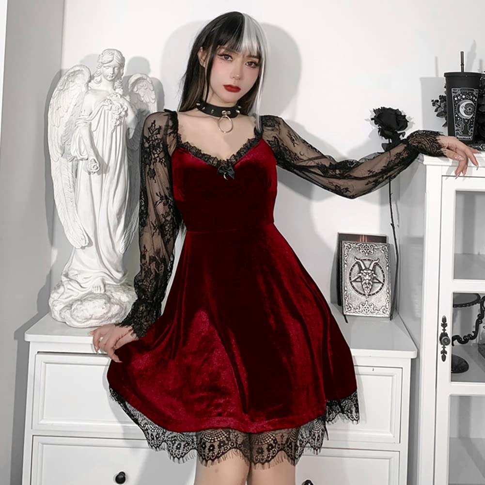 Women Gothic Lolita Dress Black Vintage Grunge Lace Velvet Cocktail Party Swing Dress Mesh Long Sleeve Steampunk Punk Mall Goth Dress Patchwork Sexy Romantic Aesthetic Alt Harajuku Dress Burgundy L