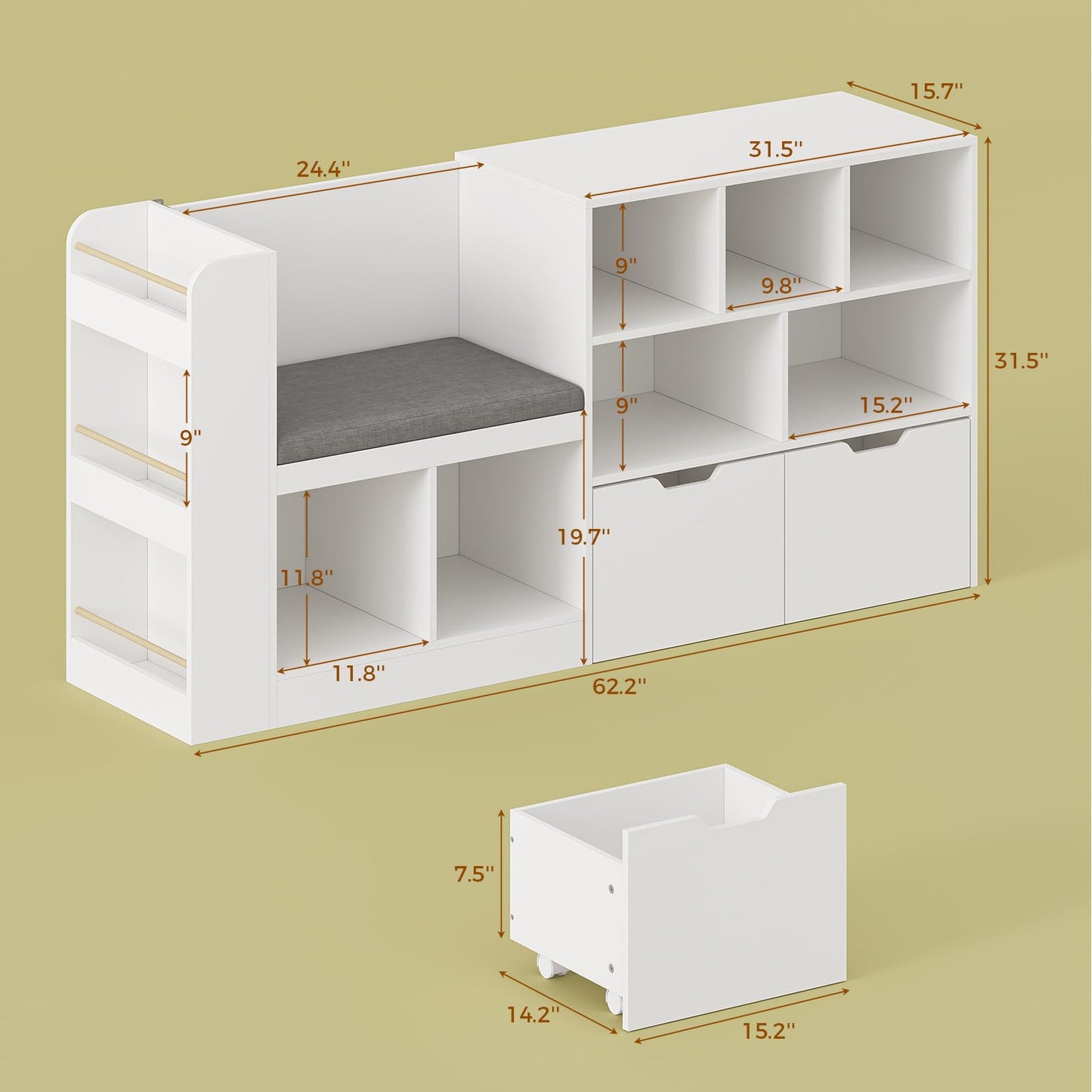 62.2” Kids Bookshelf with Reading Nook, Kids Bookcase with Seat Cushion and 6 Storage Cubbies, Side Shelves, Toy Storage with 2 Movable Drawers, Hidden Wheels, for Playroom and Bedroom, White