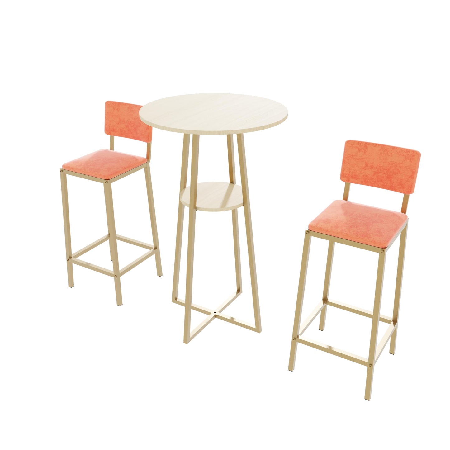 3 Piece Round Bar Table Set with Storage Shelves, Metal Pub Table Set with Upholstered Stools for 2, Save Space, Beige+Gold+Orange