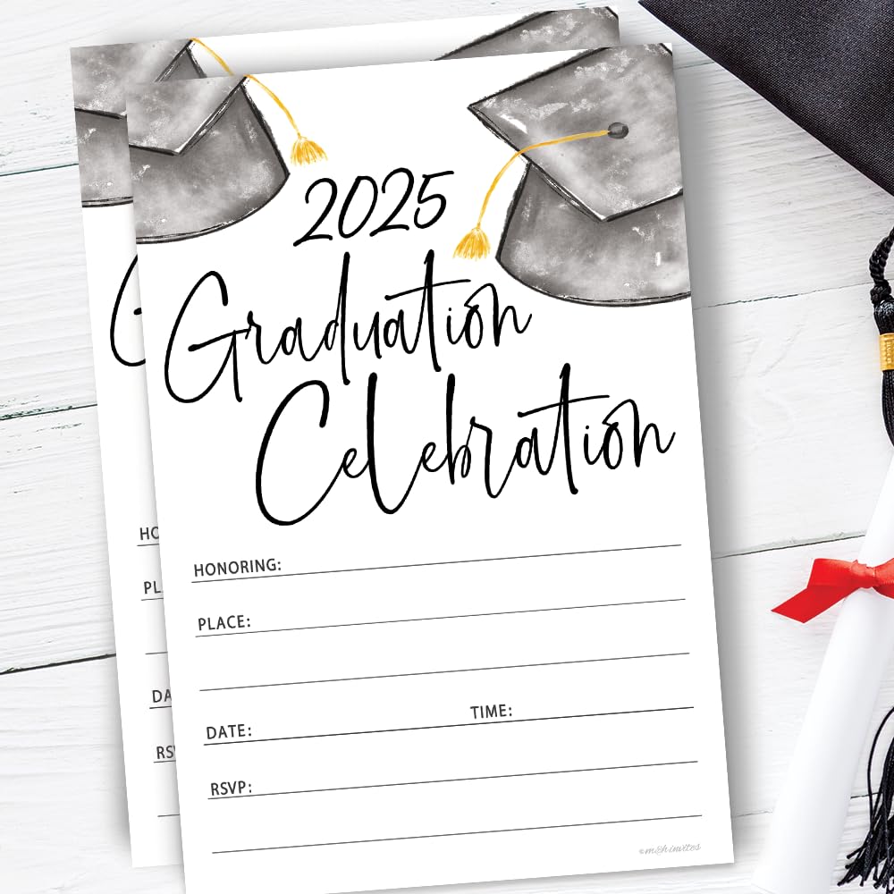 Watercolor Grad Caps 2025 Graduation Invitations With Envelopes - 20 Count Grad Party Invites