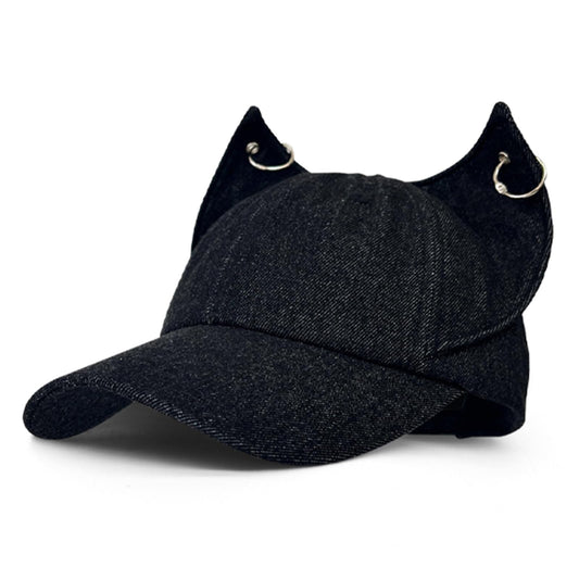 Y2K Fox Ears Baseball Cap with Iron Ring Unisex Denim Dad Hat Animal Ears Grunge Aesthetic Hat