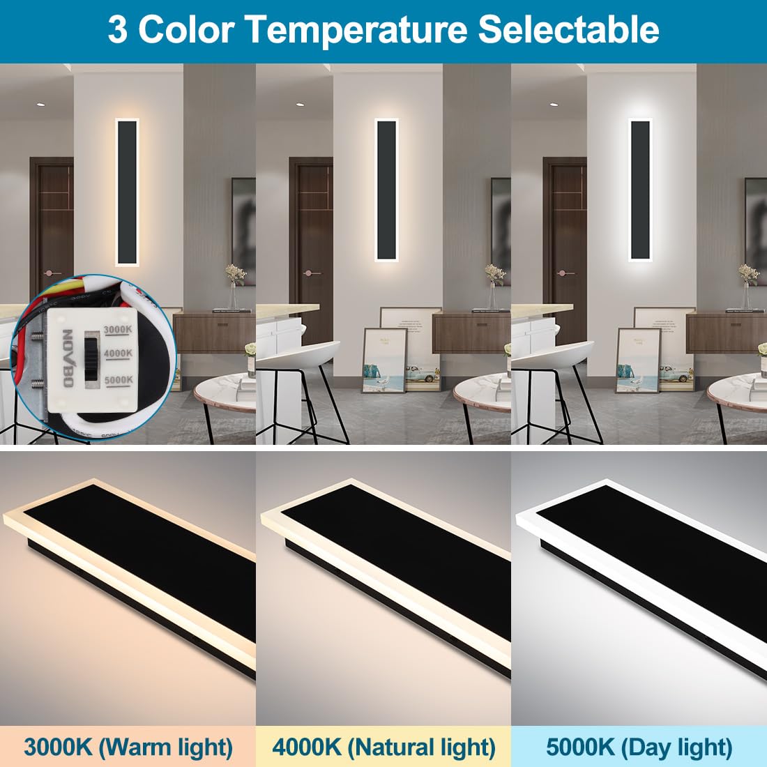 Xbuyee 36IN Modern Outdoor Wall Light LED Long Exterior Light Fixture IP65 Waterproof Wall Lamps, Dimmable 30W 2700LM Black Wall Sconce, 3000/4000/5000KSelectable, ETL Listed