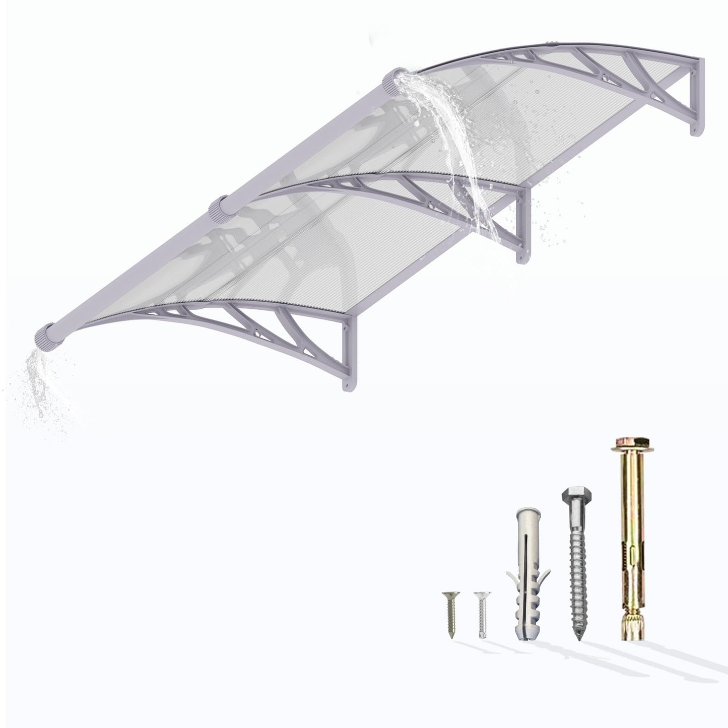 Window Awning Door Canopy 32"x80", Awnings for Doors Polycarbonate Cover Patio Door Awning UV Rain Snow Sunlight Protection Hollow Sheet with Separate Drainage Sink, Gray Bracket & Transparent Board