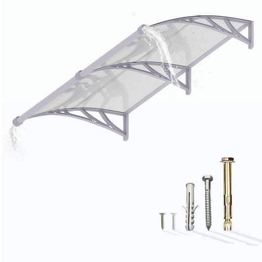 Window Awning Door Canopy 32"x80", Awnings for Doors Polycarbonate Cover Patio Door Awning UV Rain Snow Sunlight Protection Hollow Sheet with Separate Drainage Sink, Gray Bracket & Transparent Board