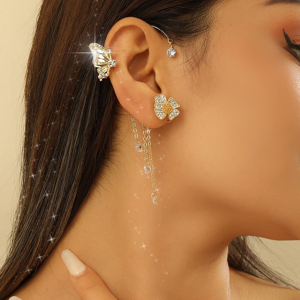 2PCS Butterfly Ear Cuffs Earrings Zircon Earrings Butterfly Ear Wrap No Piercing Eae Cuff Clip On Earrings For Women Jewelry (BB1600-GD)