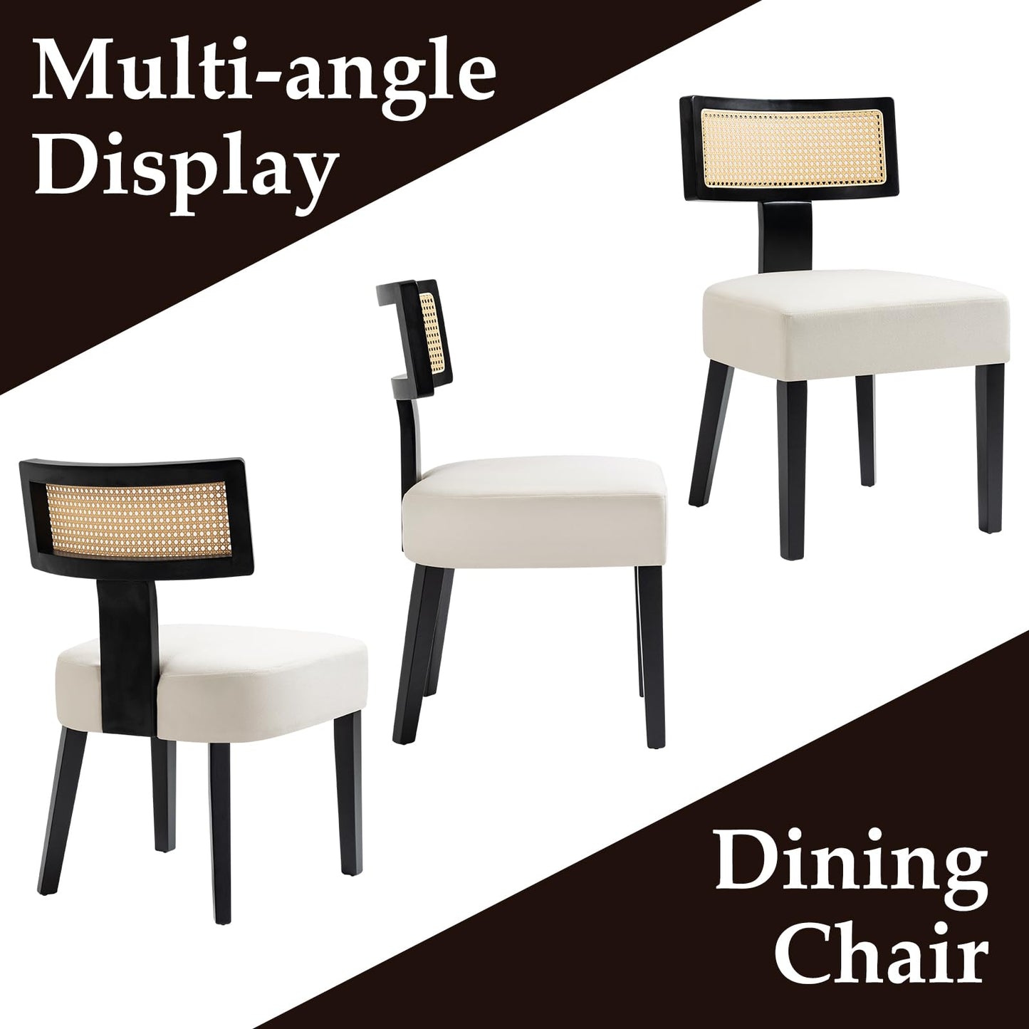 WQSLHX Rattan Dining Room Chairs Set of 4, Mid-Century Modern Kitchen Chair with Cane Back & Wood Frame in Black Finish, Beige Linen Upholstered
