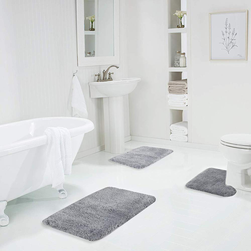 Walensee Shaggy 2 Piece Bath Rug Sets (Grey) 20 x 24 Non Slip, U Shape Contour Rug & 20 x 32, Machine Wash/Dry Plush Absorbent Bath Mats for Bathroom