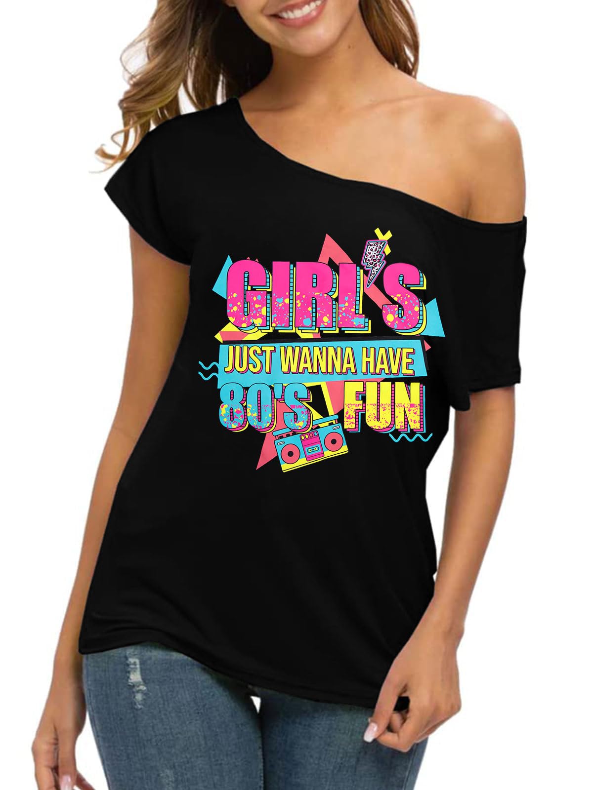 90s 80s Outfit for Women 80's Theme Party Disco Shirt Off The Shoulder Tops Vintage 90s Neon Off Shoulder Top