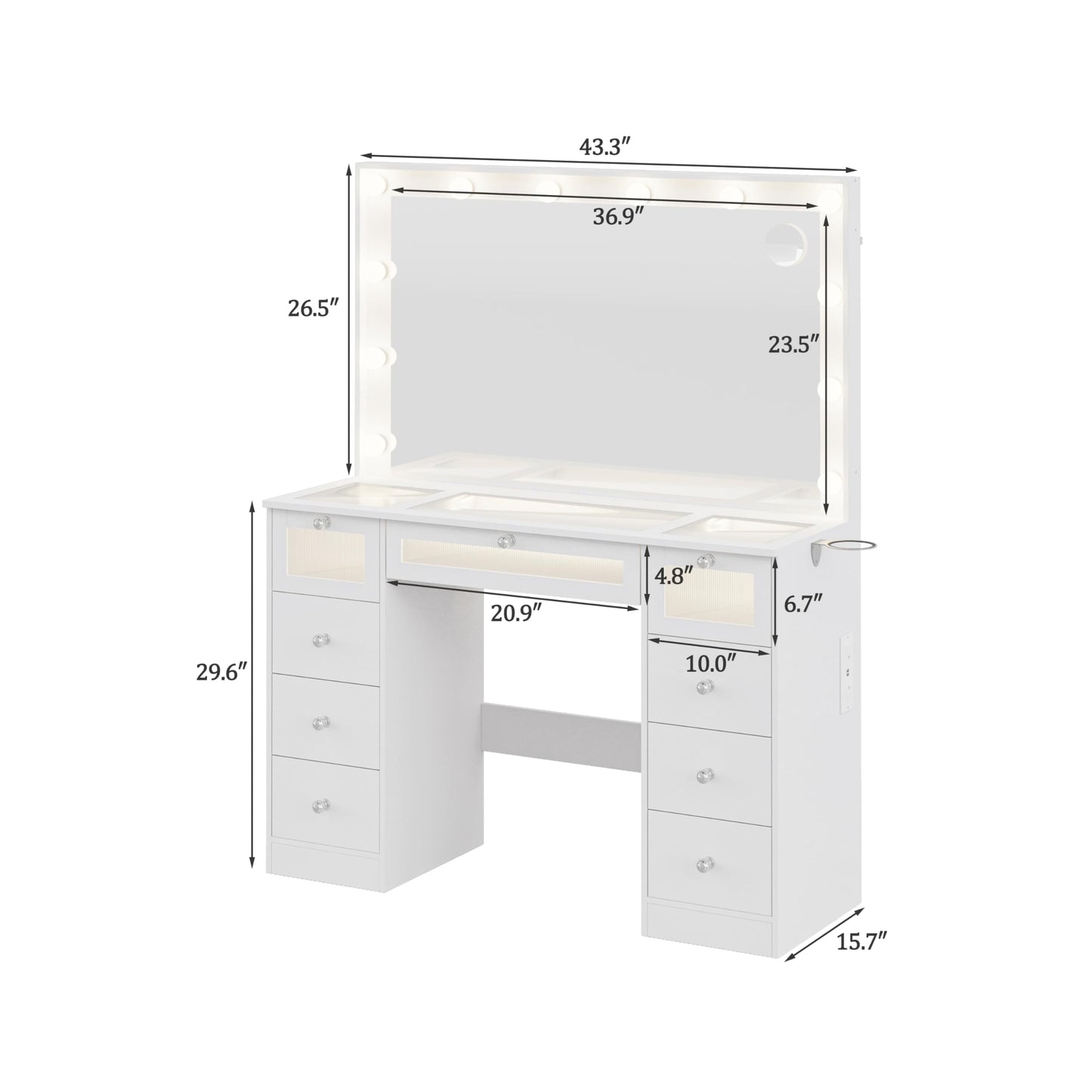 9 Drawers Makeup Vanity Desk with 36.9" Oversized Mirror and Lights, Vanity with Tempered Glass Top, Girls Make up Dressing Table with Power Outlet & 3 LED Lighted Acrylic Drawers Bedroom, White