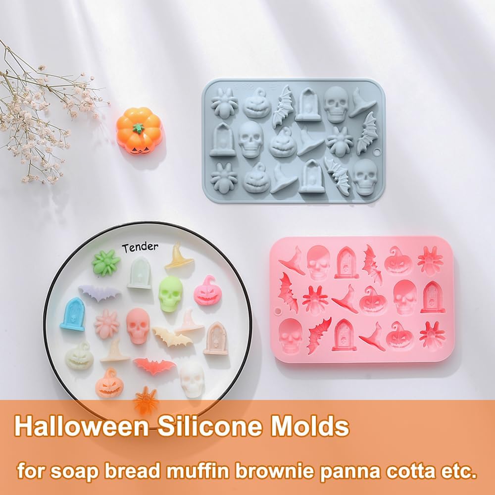 2 Pack Halloween Chocolate Mold Pumpkin Bat Skull Tomb Spider Shape Silicone Mold for Chocolate Candy Gummy Jello Ice Cube Melt Biscuits Cake Decoration Silicone Baking Mold Making Kit for Kids
