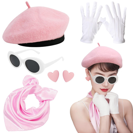XEPST 6PCS French Women set - 50s Fancy Dress for Women with French Beret Hat Sunglasses Scarf Gloves Earrings 1950s Costume Kit for Halloween Costume Cosplay Carnival Fancy Dress Up, Lightpink