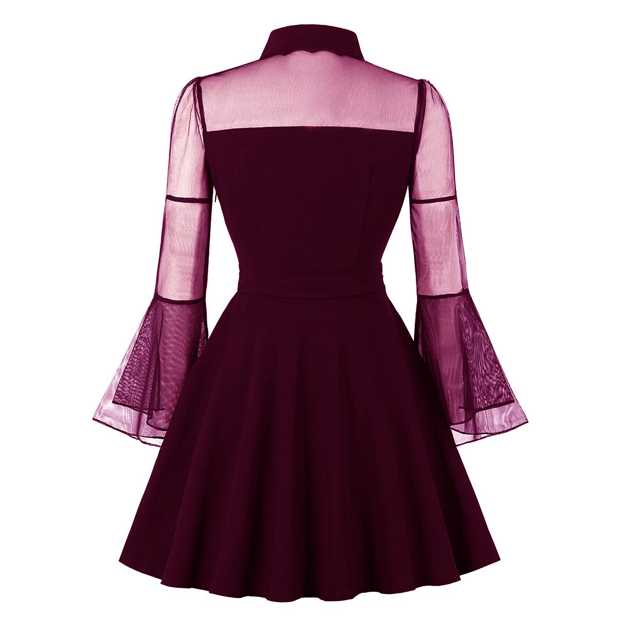 Women's Keyhole Front Mesh Bell Sleeve V-Neck Cocktail Swing Dress Knee Length 1950s A-line Mini Fit and Flare Skater Dress Peter Pan Collar Vintage 40s 50s Retro Rockabilly Prom Dress Light Purple S
