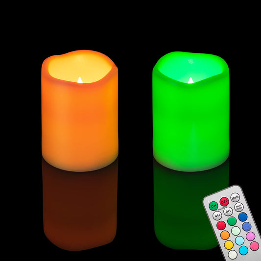 2PCS 4" Multi-Color Flameless LED Pillar Candles with Remote Timer/Battery Operated Electric Flickering Plastic LED Fake Candle for Halloween Pumpkin Light Lantern Christmas Decorations