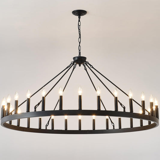 53” Black Wagon Wheel Chandelier,Round Modern Farmhouse Pendant Light with 30 Rustic Vintage Candle Lights, Industrial Metal Fixture for High Ceilings in Foyer, Porch, or Living Room