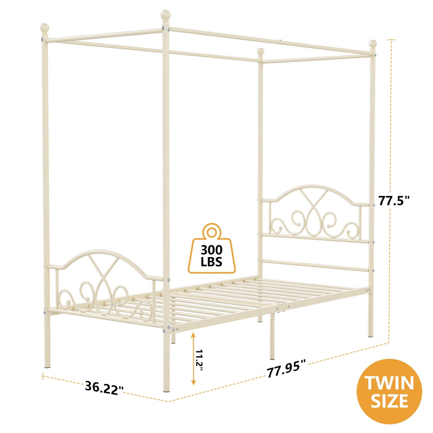 Weehom Princess Canopy Bed Frame with 4 Posters, Sturdy Metal Platform with Headboard&Footboard No Box Spring Needed Twin Size Bed for Kids Girls Adults,Beige White