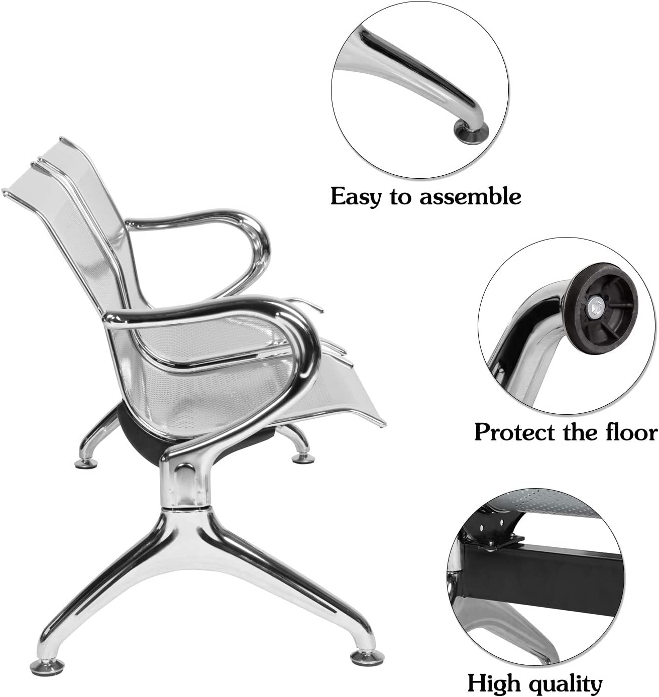 Waiting Room Chair Bench - Airport Reception Bench with Arms Guest Reception Chairs Office Chair Lobby Bench Seating Office Bench Waiting Area Chairs for Airport Market Bank Hospital School, Silver