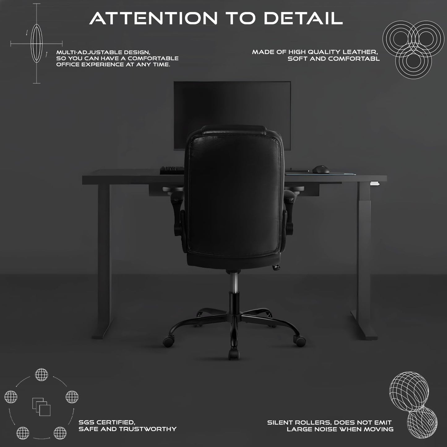 VITESSE Ergonomic Office Chair with Flip-up Armrests, Big and Tall Leather Executive Office Chair, High Back Lumbar Support Home Computer Desk Chair, Heavy and Duty Computer Chair (Black)