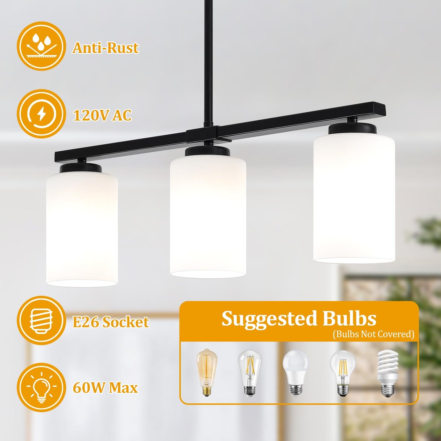 21.25'' Kitchen Island Light Fixtures, 3-Light Modern Dining Room Light Fixture, Black Pendant Lights with Milk Glass Shade, Linear Chandelier over Dining Table Lighting with Adjustable Rod, UL Listed
