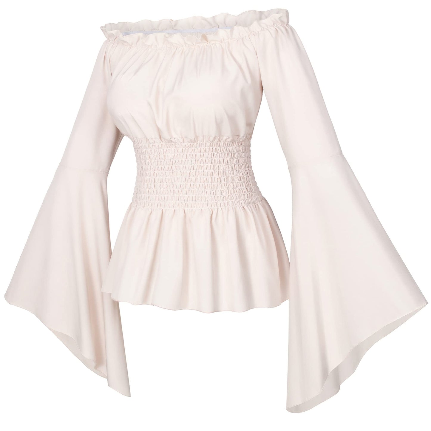 Womens Renaissance Victorian Peasant Ruffle Smocked Waist Boho Pirate Shirt Blouse with Belt Set(Beige L)