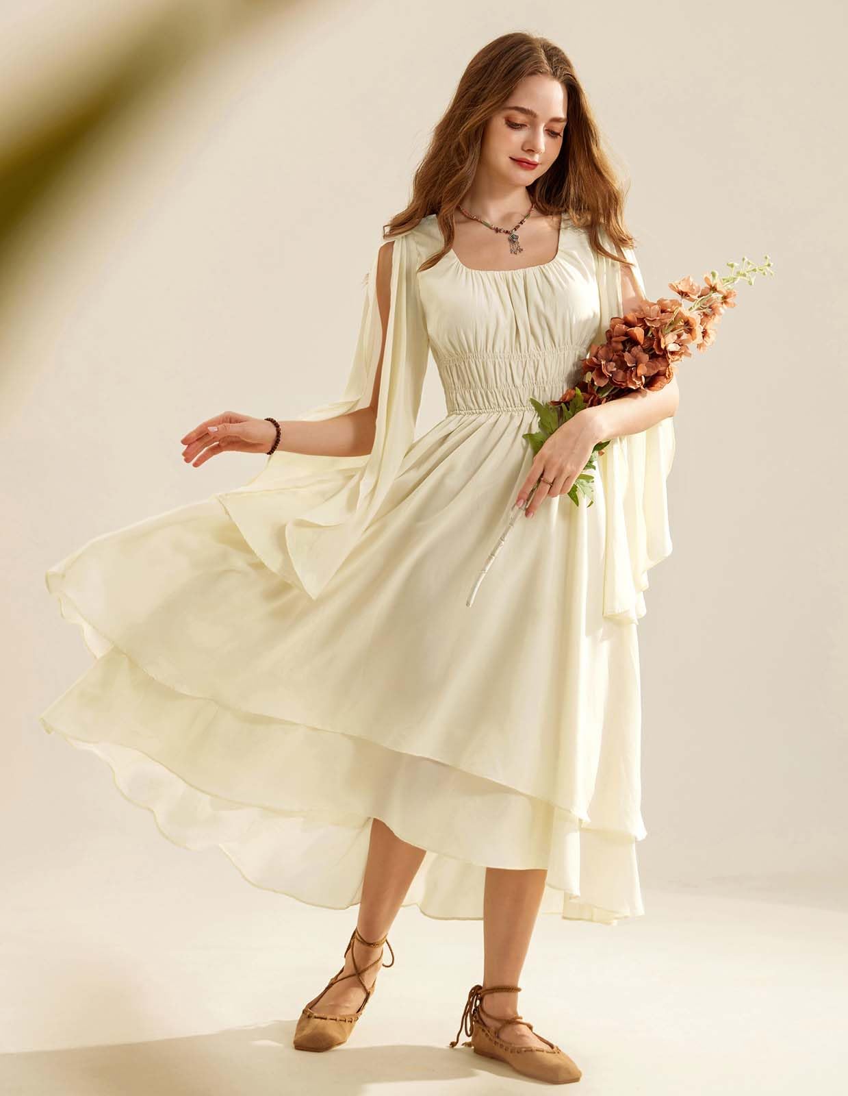 Women Renaissance Costume Split Bell Sleeve Double Layered High Low Dress Apricot S