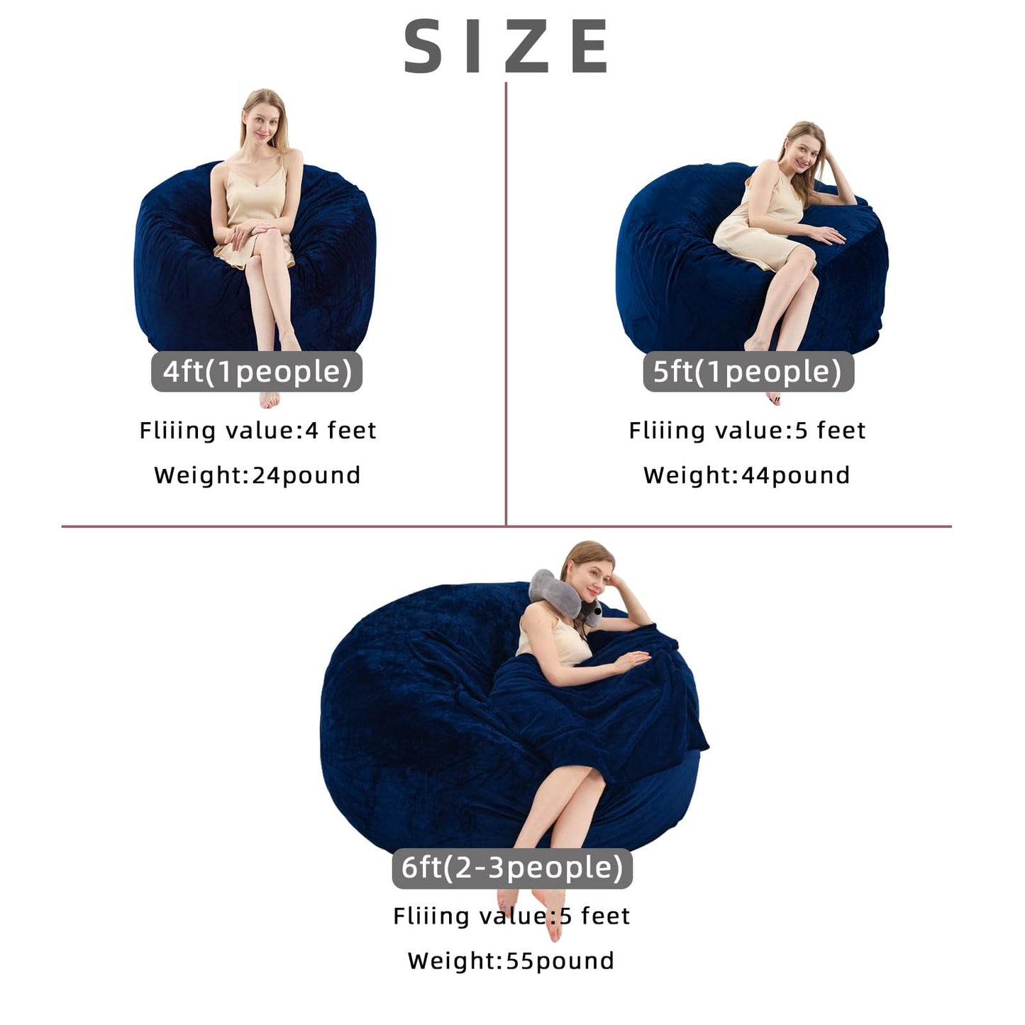 6FT Oversized Bean Bag，Bean Bag Chair with Filler Included，Foam Chairs for Adults，Memory Foam Bean Bag，Washable Soft Flannel, Suitable for Reading Leisure Chairs in Living Room.(Blue, 6FT)